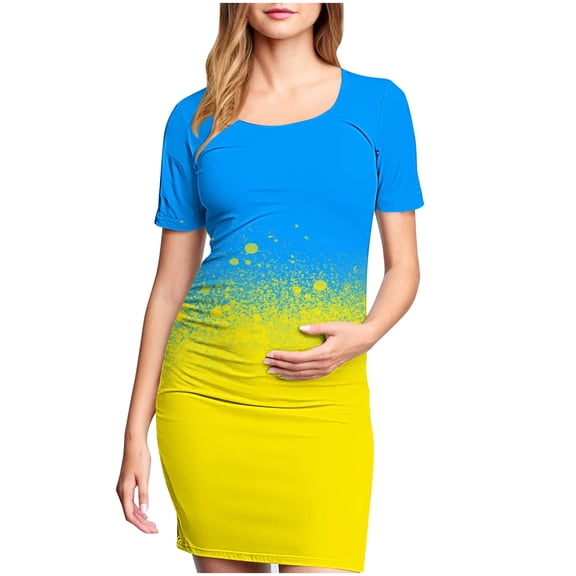THDHVS Maternity Dress Summer,Maternity Dress for Baby Shower,Woman' Fashion Print Pleated Maternity Skirt Short Sleeve Round Neck Mid Calf Dress Multicolor S