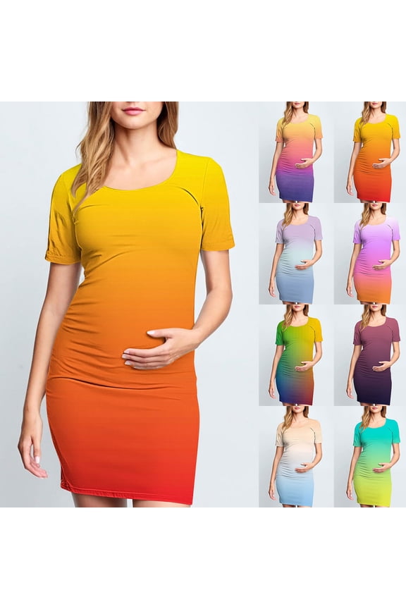 Maternity Dress Summer,Maternity Dress for Baby Shower,Woman' Fashion Print Pleated Maternity Skirt Short Sleeve Round Neck Mid Calf Dress Purple XL