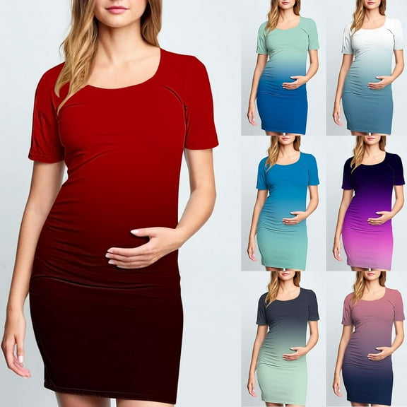 THDHVS Maternity Dress Summer,Maternity Dress for Baby Shower,Woman' Fashion Print Pleated Maternity Skirt Short Sleeve Round Neck Mid Calf Dress Red L