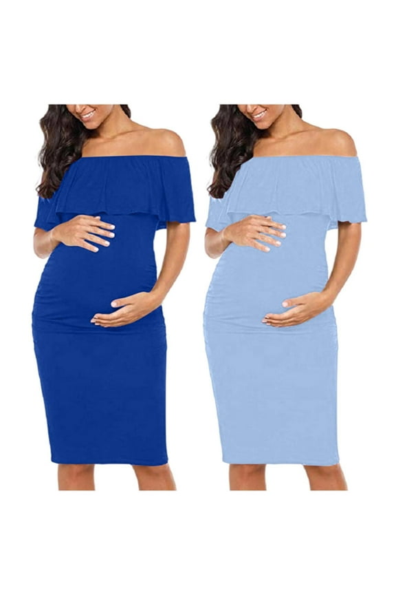 Maternity Dress for Photoshoot,Baby Shower Dress,Fashion Casual Maternity Women's Z Shoulder Ruffle Sleeve Maternity Pregnancy Dress Wine XL