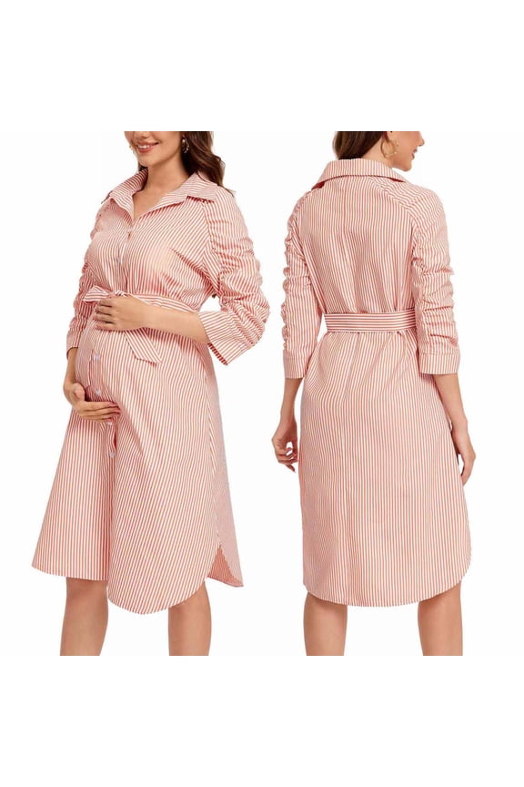 Maternity Dresses for Women,Maternity Dress,Maternity Shirt Dress for Women with Classic Striped Pattern and 3/4 Length Sleeves Button Down Casual Dress Comfortable for Everyday Wear