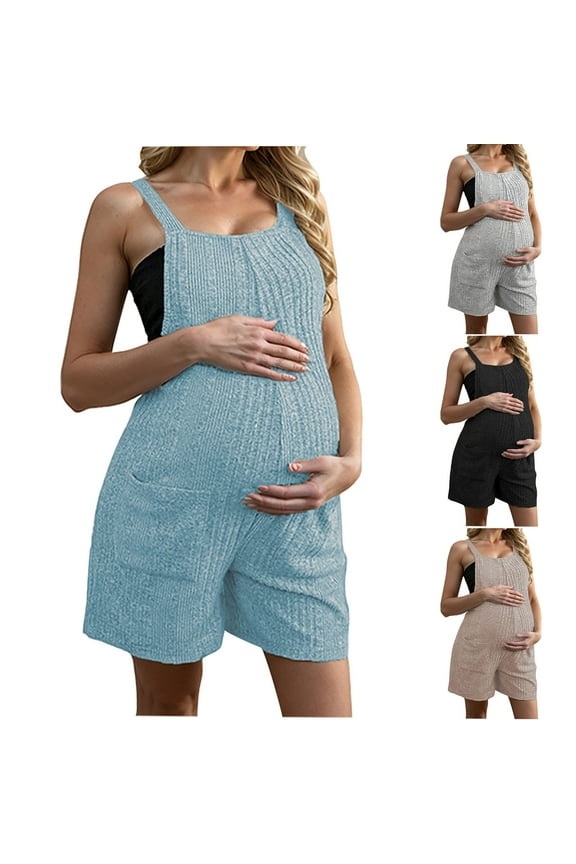 Maternity Jumpsuit,Maternity Romper,Maternity Jumpsuit Shorts for Women in Flattering Solid Color and Sleeveless This Comfortable Romper Features Practical Pockets for Casual Outing
