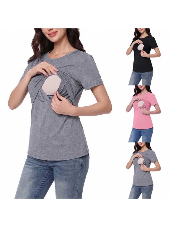 Maternity Shirts,Maternity Short Sleeve Nursing Top Side Open with Padded Cups Casual Summer Tee