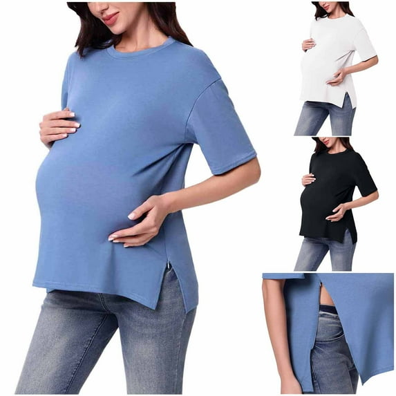 THDHVS Maternity Shirts for Women,Maternity T Shirts,Pregnant Womens Nursing Solid Color Round Neck Short Sleeve Round Neck Breastfeeding Blouse White M