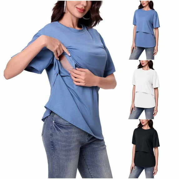 THDHVS Maternity Shirts for Women,Maternity T Shirts,Women Maternity Clothing Solid Color Short Sleeve Double-layer Nursing Top Multifunctional T-shirt White M
