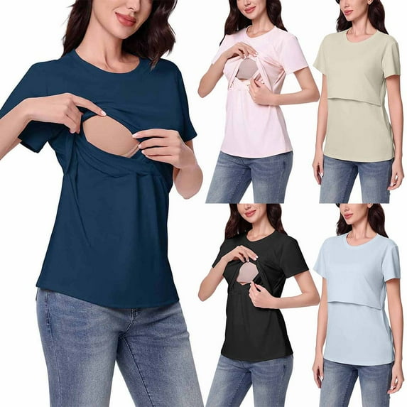 THDHVS Maternity Shirts for Women,Maternity T Shirts,Womens Maternity Shirts Casual Textured Short Sleeve Crew Neck Spring Summer Pregnancy Tops Khaki 2XL
