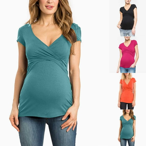 THDHVS Maternity Shirts for Women,Maternity T Shirts,Fashion Women's Short Sleeve Summer Solid Neck Fashion Casual Botton Regular Blouses Green XL