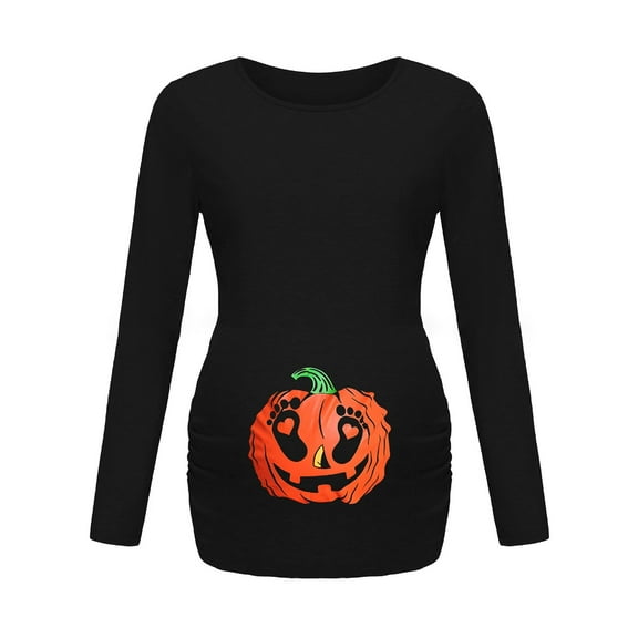 THDHVS Maternity Tops,Maternity T Shirts,Women's Maternity Blouse Halloween Pumpkins Print Long Sleeve Round Neck Shirts Black A 2XL