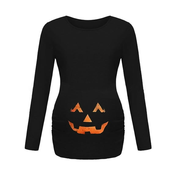 THDHVS Maternity Tops,Maternity T Shirts,Women's Maternity Blouse Halloween Pumpkins Print Long Sleeve Round Neck Shirts Black B L