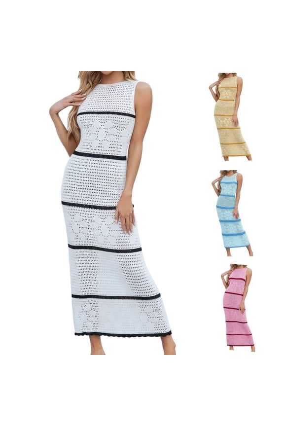 Maxi Dress,Dresses for Women,Color Block Knitted Maxi Dress with Sheer Cutout Panels Light Blue