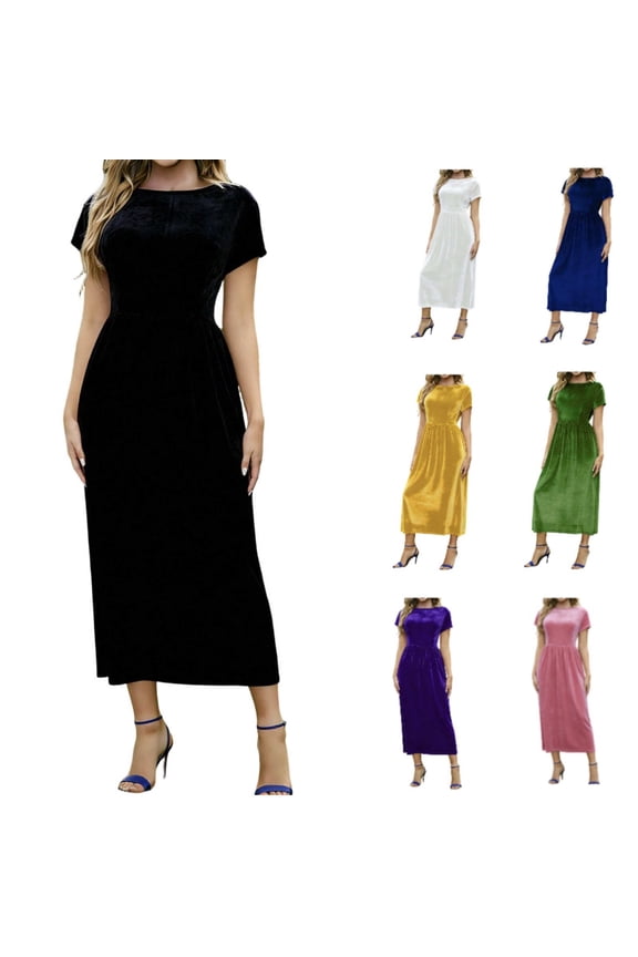 Maxi Dress,Dresses for Women,Velvet Dresses Solid Color with Zipper Choose Short or 3 4 Sleeve Dark Blue