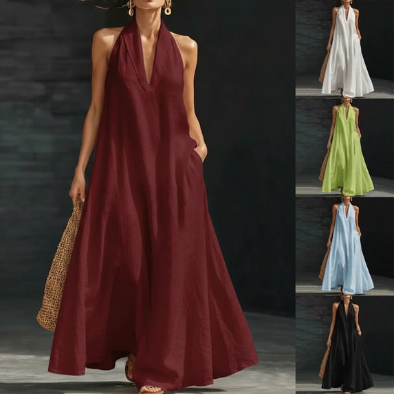 THDHVS Maxi Dress,Solid Color V Neck Sleeveless A Line Loose Flared Dress Casual Summer Daily Wear,Summer Dresses for Women Green 2XL