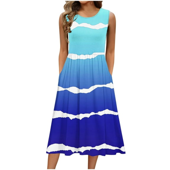 THDHVS Maxi Dresses for Women 2025,Women's Casual Dresses,Fashion Women's Casual Print Short Sleeve Round Neck Pocket Dress Blue 2XL