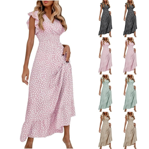 THDHVS Maxi Dresses for Women 2025,Women's Casual Dresses,Women's Casual V-Neck Waist Maxi Dress Ruffles Elegant Dress Pink L
