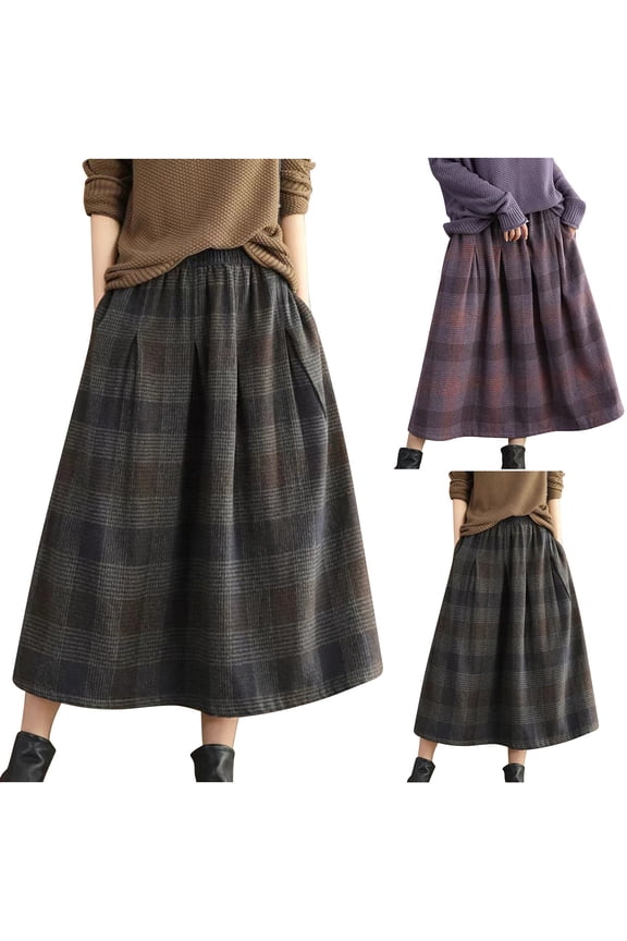 Maxi Skirt,Women Winter A Line Midi Skirt Wool Blend Plaid with Elastic Waist Comfortable High Waist Flared for Cold Weather and Casual Fashion Style,Long Skirts for Women