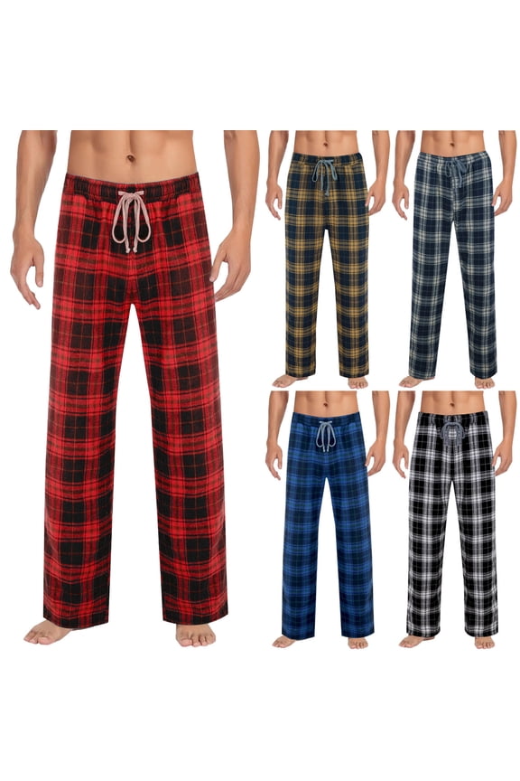 Men's Pants,Pants for Men,Men Check Pattern Brushed Pants with Elastic Waist and Pocket for Home Warmth and Casual Comfortable Navy S