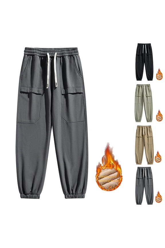 Men's Pants,Men Solid Waterproof Drawstring Pants with Elastic Waist and Flannel Lined Pockets for Casual Army Green S