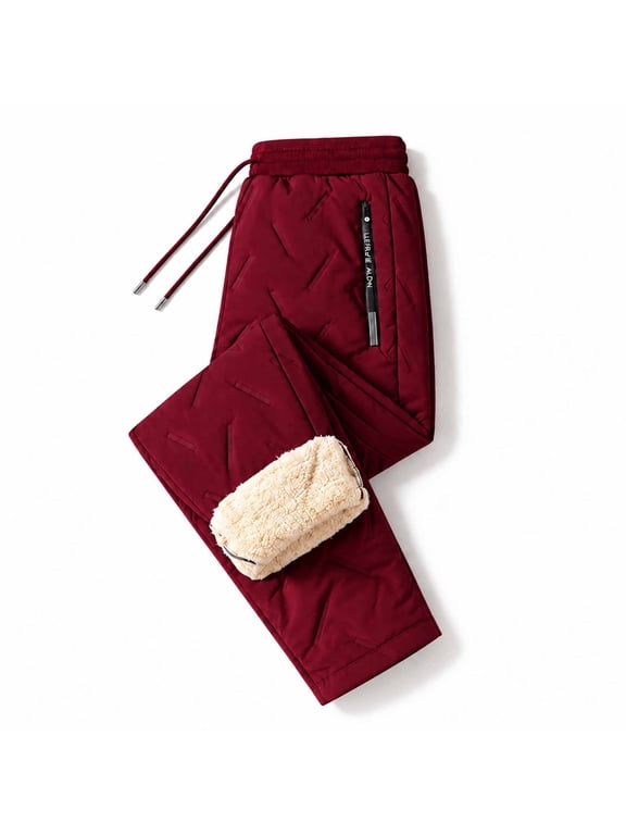 Men's Thick Fleece Lined Quilted Winter Pants,Windproof Outer Shell and Zipper Pockets,Elastic Waist Warm Trousers,Cozy Cold-Weather Casual Pants for Outdoor Winter Activities