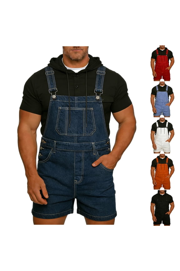 Mens Jeans, Distressed Denim Overalls Shorts Chest Pocket Bib Shorts Utility Wear Orange