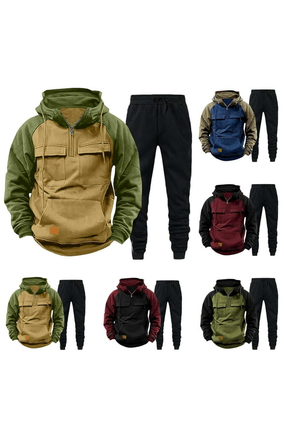 Sweat Suits Men,Track Suits Mens,Men Two Piece Outfits Sets Brushed Hooded Sweatshirt and Cargo Joggers Lounge Sets for Men with Drawstring Waist Army Green M