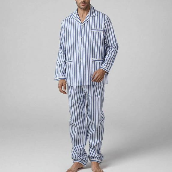 THDHVS Mens Pajamas Set,Pajamas for Men,Men Striped Lapel Pajama Set with Long Sleeve Shirt Pants and Pocket for Comfortable Sleep Blue 3XL