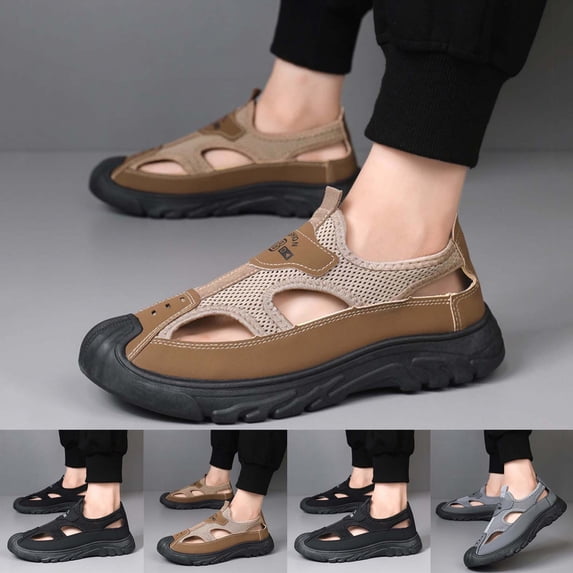 THDHVS Mens Sandals,Sandals for Men,Mesh Slip On Outdoor Sandals with Perforated Leather Upper Soft Sole Gray