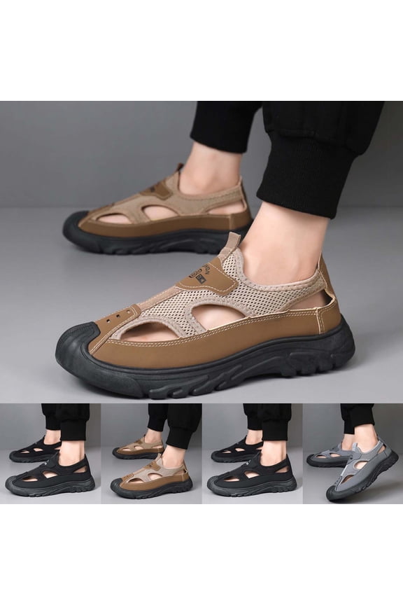 Mens Sandals,Sandals for Men,Mesh Slip On Outdoor Sandals with Perforated Leather Upper Soft Sole Gray