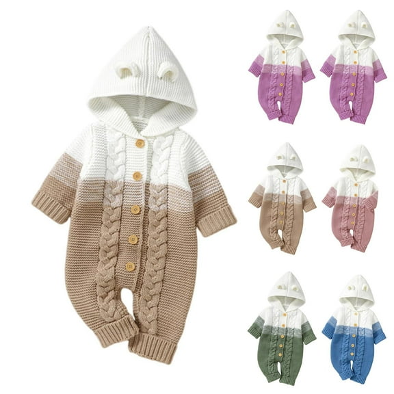 THDHVS Newborn Boy Clothes,Baby Girl Outfits,Infant Girl Boy Fall Clothes Knit Long Sleeve Onesie Ribbed Hooded Romper Jumpsuit Sweater Winter Back Home Outfits Blue 6-9 Months