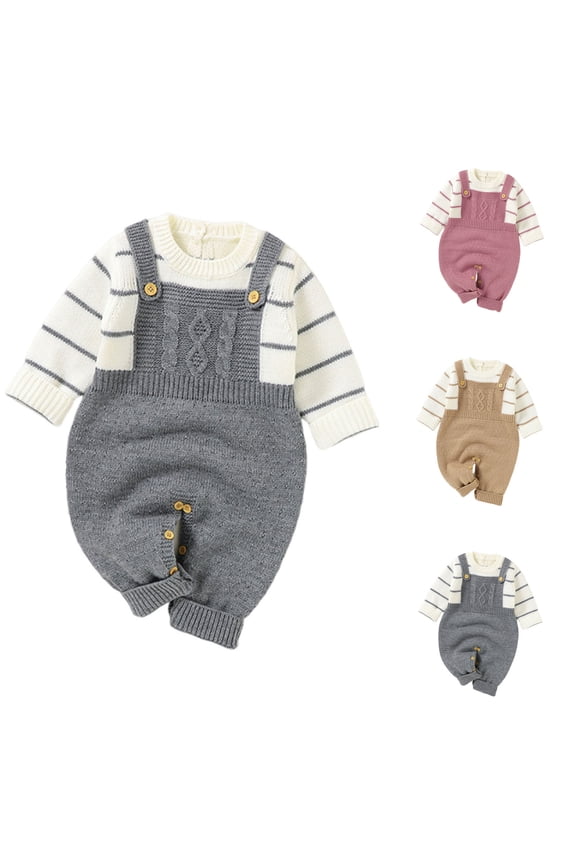 Newborn Boy Clothes,Baby Girl Outfits,Newborn Girl Boy Knit Romper Sweatshirt Long Sleeve Stripe Oversized Fall Bodysuit Khaki 3-6 Months