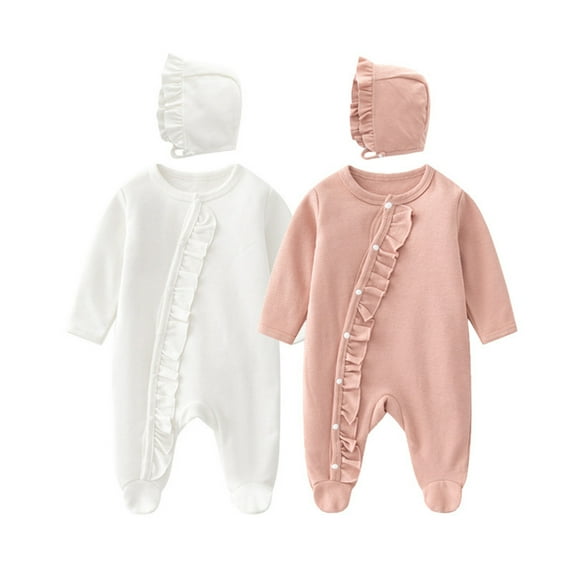 THDHVS Newborn Boy Outfits,Rompers for Girls,Newborn Clothes for Girl Solid Color Romper with Ruffle Detail On Chest and Hat Pink 6-9 Months
