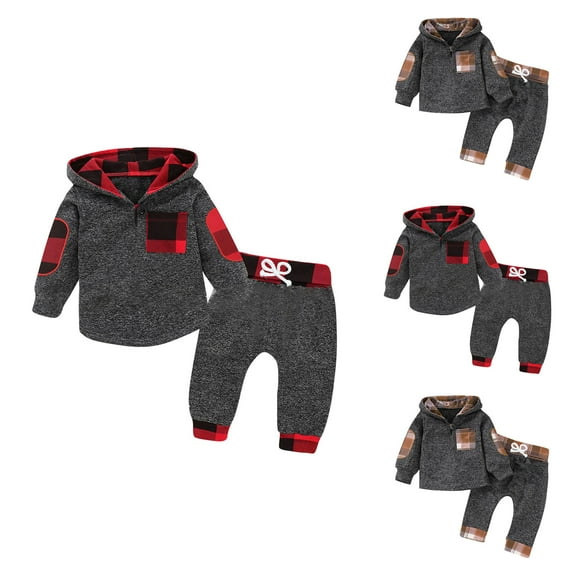 THDHVS Newborn Boy Outfits,Fashion Kid's Comfortable Casual Plaid Print Round Neck Hooded Pocket Top and pants Red 12-18 Months