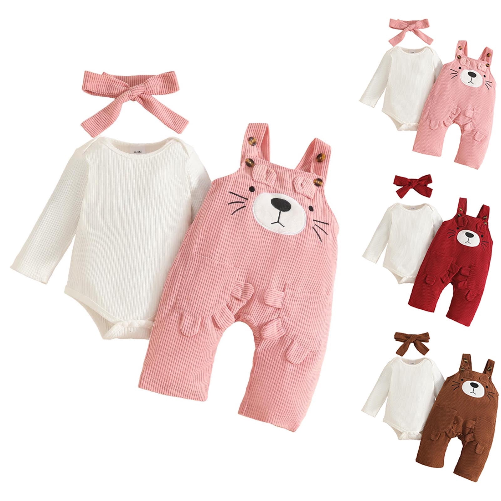 THDHVS Newborn Girl Outfits,Girls' Clothing Sets,Bear Embroidered Overalls Set with Ribbed Bodysuit and Headband for Baby Girl Cozy Outfit 3-6 Months