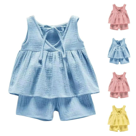 THDHVS Newborn Outfits Baby Girl Summer Solid Colour V-neck Sleeveless Girl's Suit Comfortable Cotton Linen Clothes Blue 1-2 Years