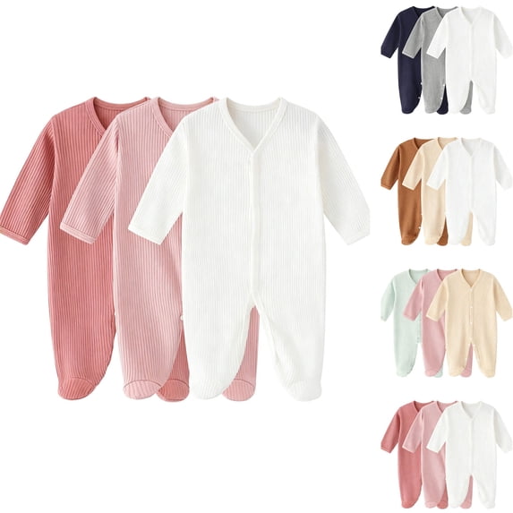 THDHVS Newborn Sleepers,3 Pack Ribbed Long Sleeve Footed Toddler Romper Soft Sleepwear for Newborn Boys Girls,Girls Jumpsuit Brown 0-6 Months