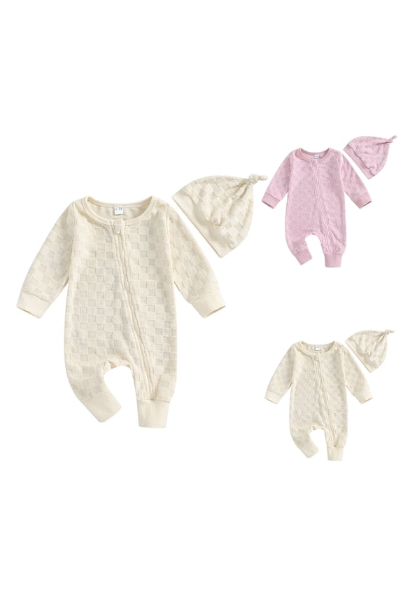 Newborn Sleepers,Baby Girl Clothes,Newborn Solid Unisex Zipper Closure Bodysuit with Hat Pink 0-3 Months