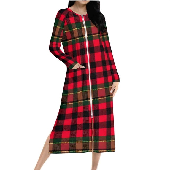 THDHVS Nightgowns for Women, Women Christmas Plaid Print Nightgown with Raglan Sleeves and Long Sleeve for Festive Home Wear and Holiday Red S