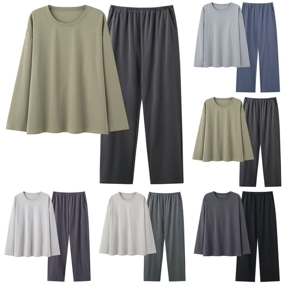 THDHVS Pajamas for Men,Mens Pajamas Set,Women Plus Size Unisex Color Block Pajama Set with Round Neck Long Sleeve Pocket Top and Pants for Comfortable Home Wear Blue XL