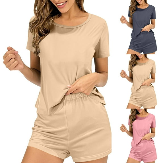 THDHVS Pajamas for Women Set,Womens Pajama Sets,Women Solid Color Short Sleeve and Shorts Pajama Set for Casual Loungewear and Comfortable Sleep Pink M