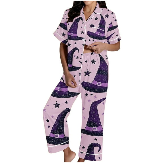 THDHVS Pajamas for Women Set,Womens Pajama Sets,Women's Pajama Sets Short Sleeve Button Down Halloween Print Sleepwear Nightwear Soft Pjs Lounge Sets Purple L