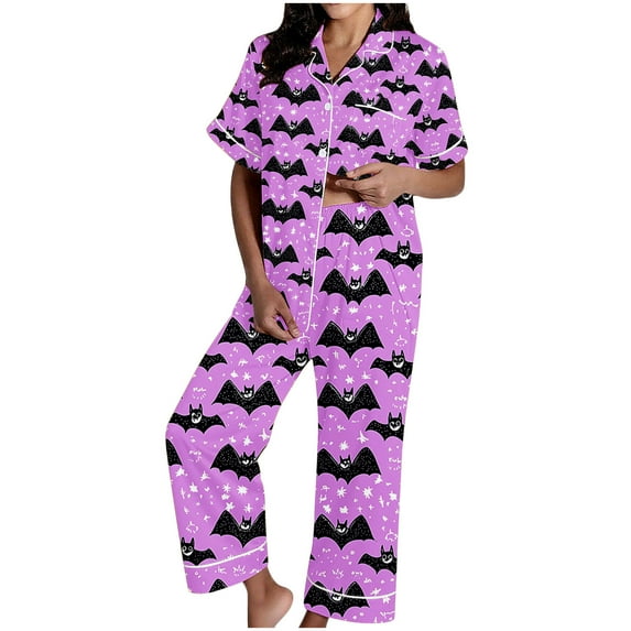 THDHVS Pajamas for Women Set,Womens Pajama Sets,Women's Pajama Sets Short Sleeve Button Down Halloween Print Sleepwear Nightwear Soft Pjs Lounge Sets Purple M