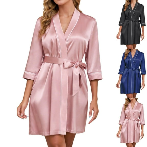 THDHVS Pajamas for Women,Womens Robe,Women Silk Touch Satin Short Robe with Lace Up Detail for Elegant Home Wear and Boudoir Style Comfortable Black 2XL