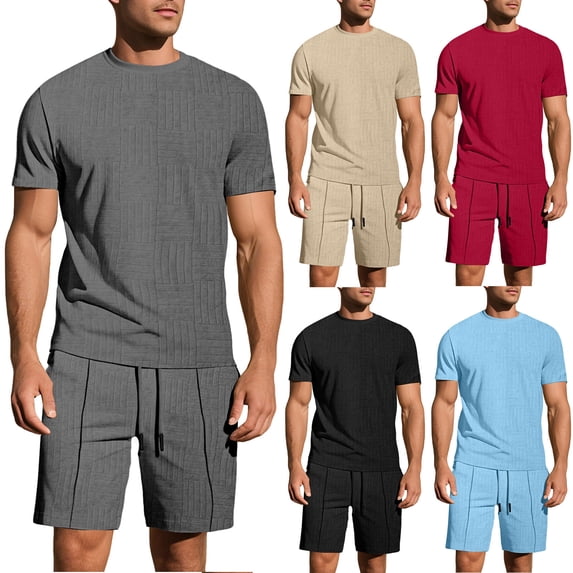 THDHVS Pajamas for Men,Men's Pajama Sets,Men Solid Color Round Neck Short Sleeve Top and Elastic Waist Shorts Set for Casual Loungewear Khaki M
