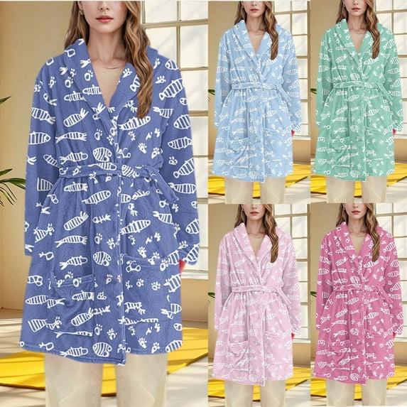 THDHVS Pajamas for Women,Womens Robe,Women Flannel Bathrobe Long Nightgown with Sleeves and Hoodless for Cozy Home Wear and Relaxation Light Blue L