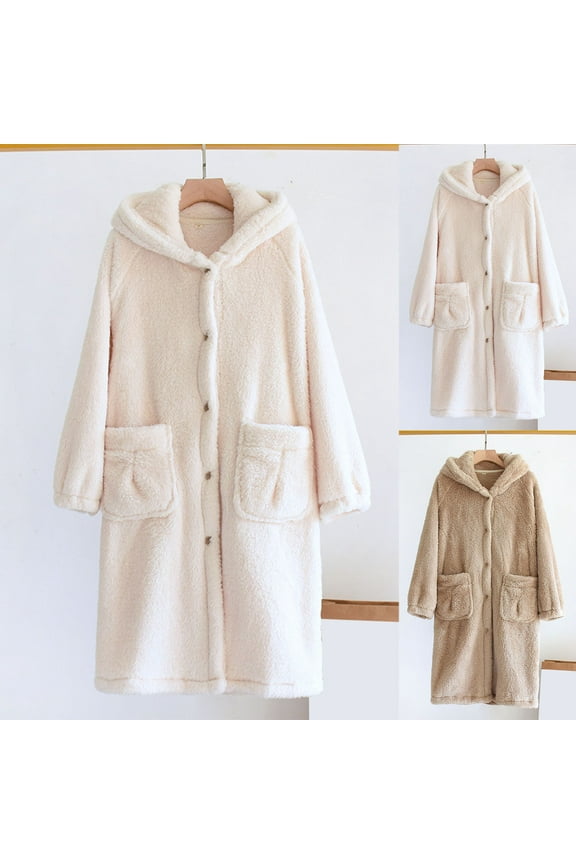 Pajamas for Women,Plush Hooded Robe with Button Front and Pockets Long Length Bathrobe for Cozy Home Wear Coffee L