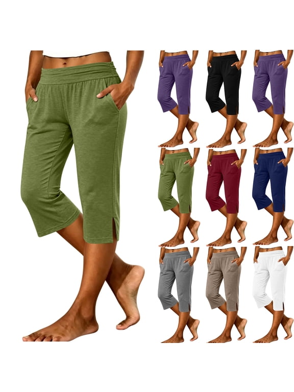 Pants for Women,Solid Color Split Hem Elastic Cropped Pants with Pockets Comfortable Casual Daily Trousers,Womens Pants Casual Blue 2XL