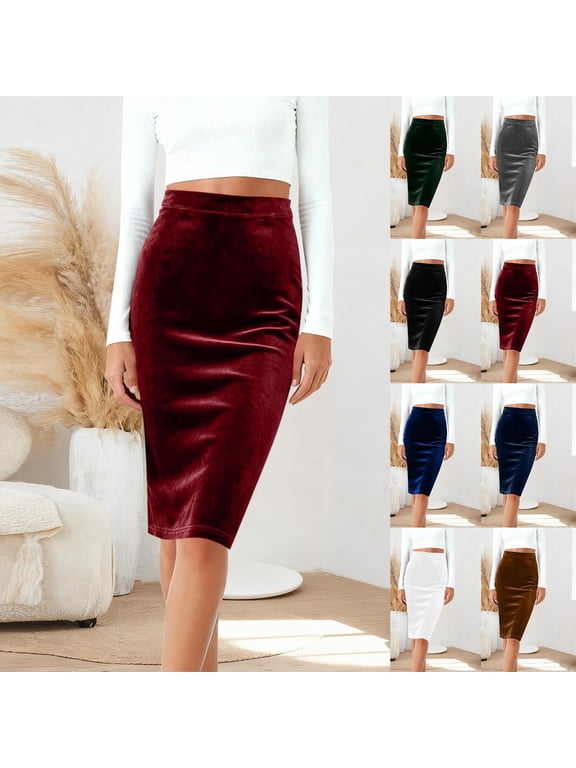 Pencil Skirt,Women Solid Color Velvet Pencil Skirt Back Zipper with High Slit Bodycon Fits Stretch Fabric for Evening Party Club Wear and Dressy Occasion,Midi Skirts for Women
