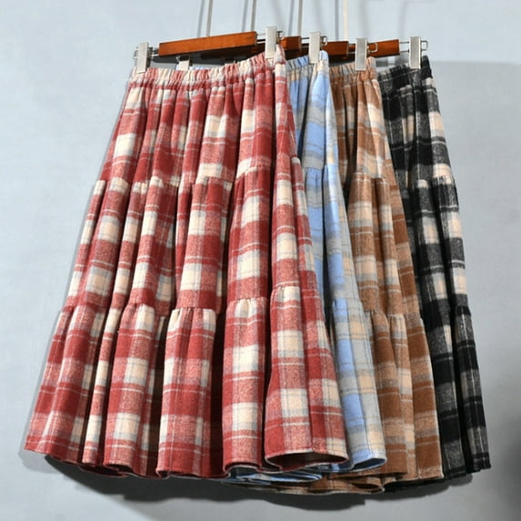 THDHVS Plaid Skirt,Skirts for Women,Plaid Skirts for Women Fall Winter Knee Length A-line Wool Pleated Skirt Red Free Size