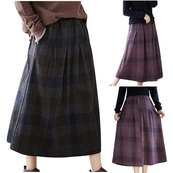 THDHVS Plaid Skirt,Skirts for Women,Women's Fall Winter High Waiste Wool Plaid A-line Long Skirt Purple L