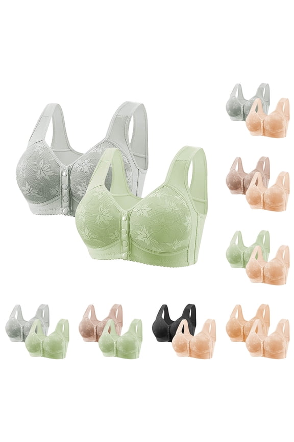 Plus Size Bra,2 Pack Plus Size Maple Leaf Embroidered Ice Silk Front Closure Bra,Bras for Women No Underwire Black 36BC