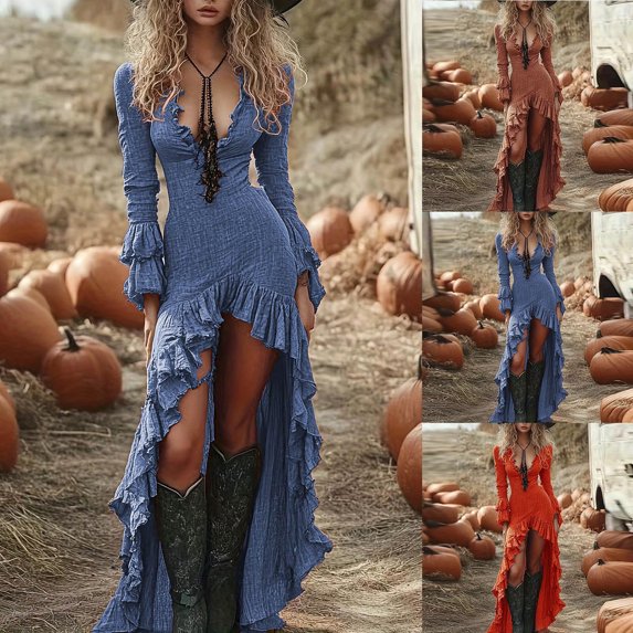 THDHVS Plus Size Dress,Dresses for Women,Deep V Neck Ruffle Hem Asymmetric Long Sleeve Dress Western Style Orange
